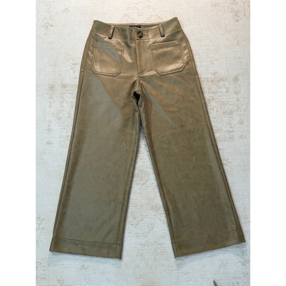 APNY Women Olive Taupe Faux Leather Wide Leg Crop Pants Metallic Size 6